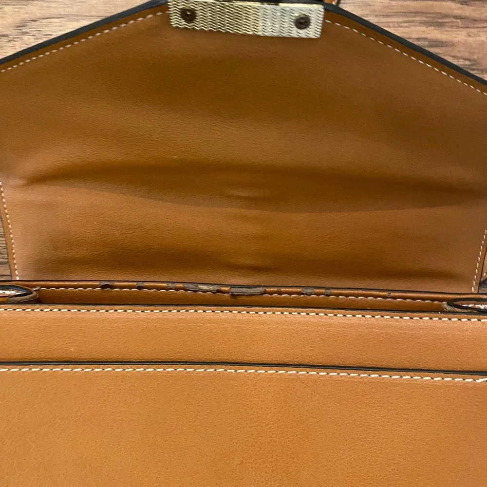 Tan Faux Leather Striped Satchel Crossbody Bag Gold Hardware Top Handle Handbag